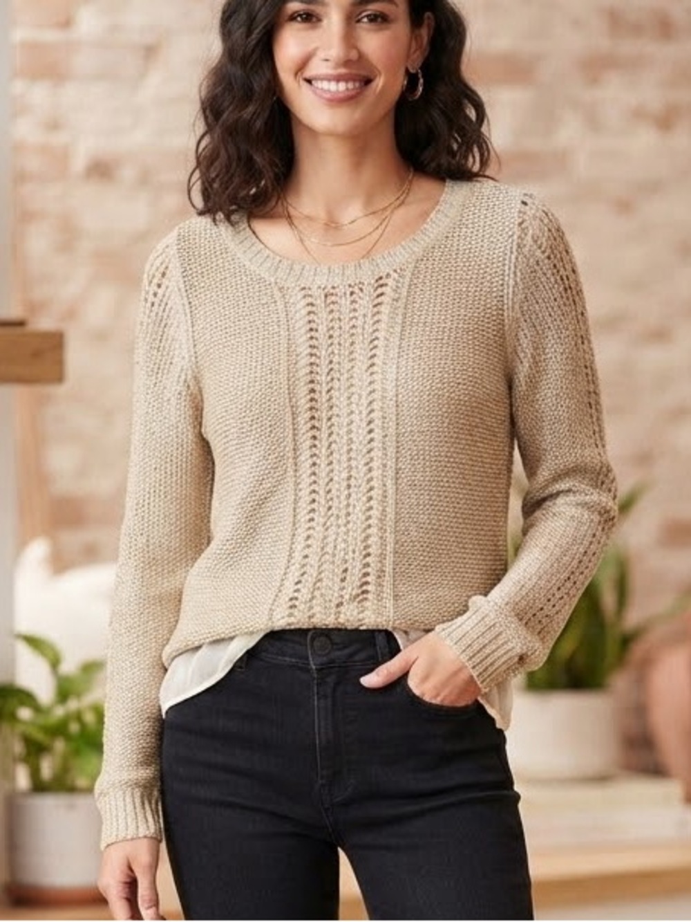 Lucky Brand Beige Scoop Neck Cable Knit Pullover